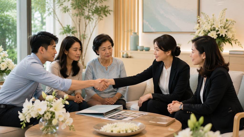 Funeral consultants warmly assisting a Singaporean Chinese family with personalised funeral planning.