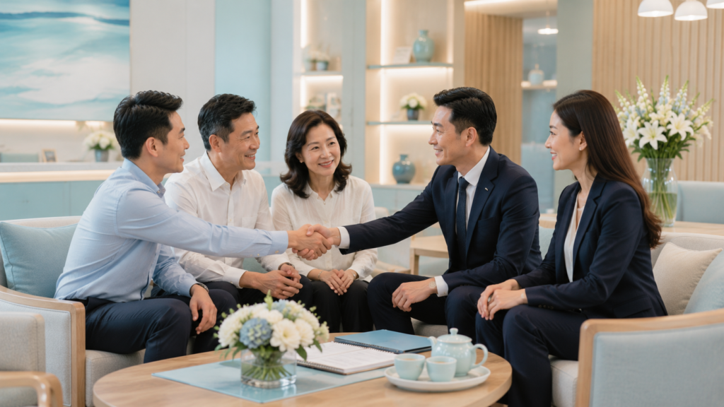 Professional funeral consultants welcoming and assisting a Singaporean Chinese family during funeral planning.