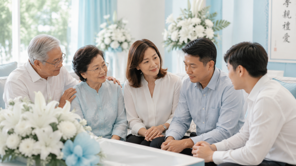 Singaporean Chinese family comforting one another while honouring cultural funeral traditions in a peaceful funeral setting.