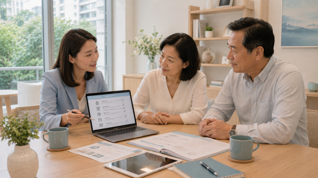 A funeral consultant reviewing a digital legacy checklist with a Singaporean Chinese family during a funeral pre-planning consultation.