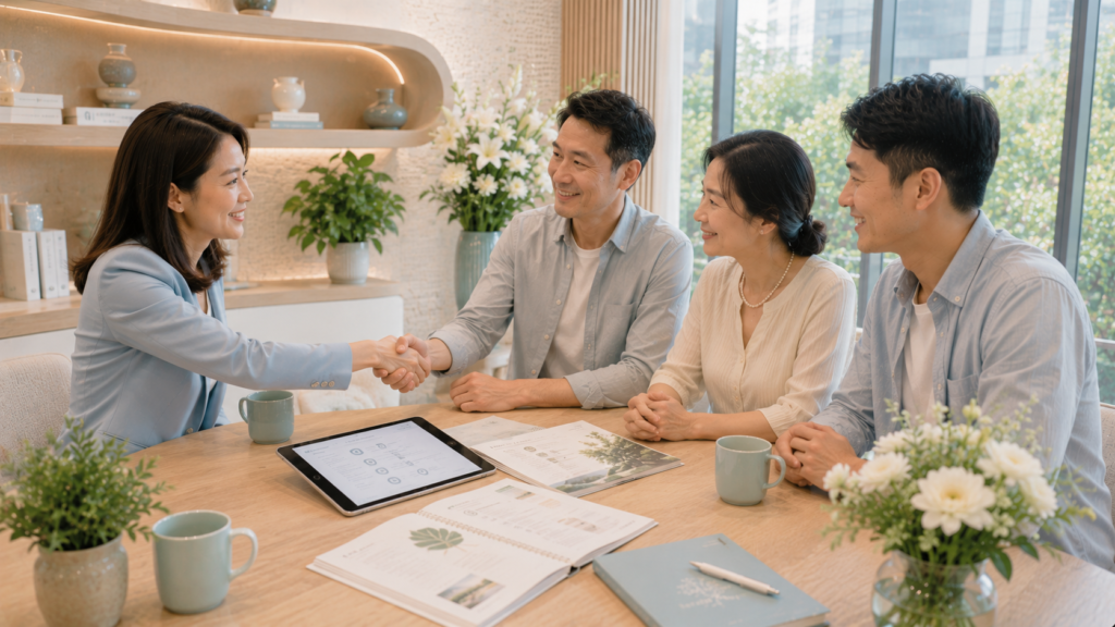 Funeral consultant shaking hands with a family after discussing environmentally conscious funeral planning in Singapore.