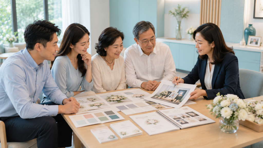 Funeral consultant helping a Singaporean Chinese family personalise funeral decorations.