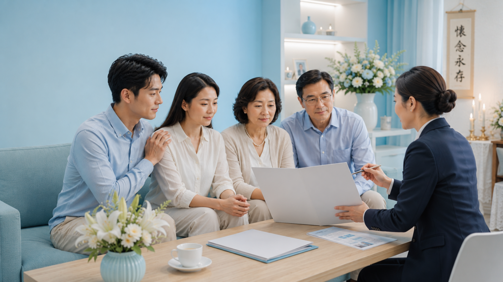A professional funeral consultant discussing funeral arrangements with a Singaporean Chinese family in a calm and respectful environment.