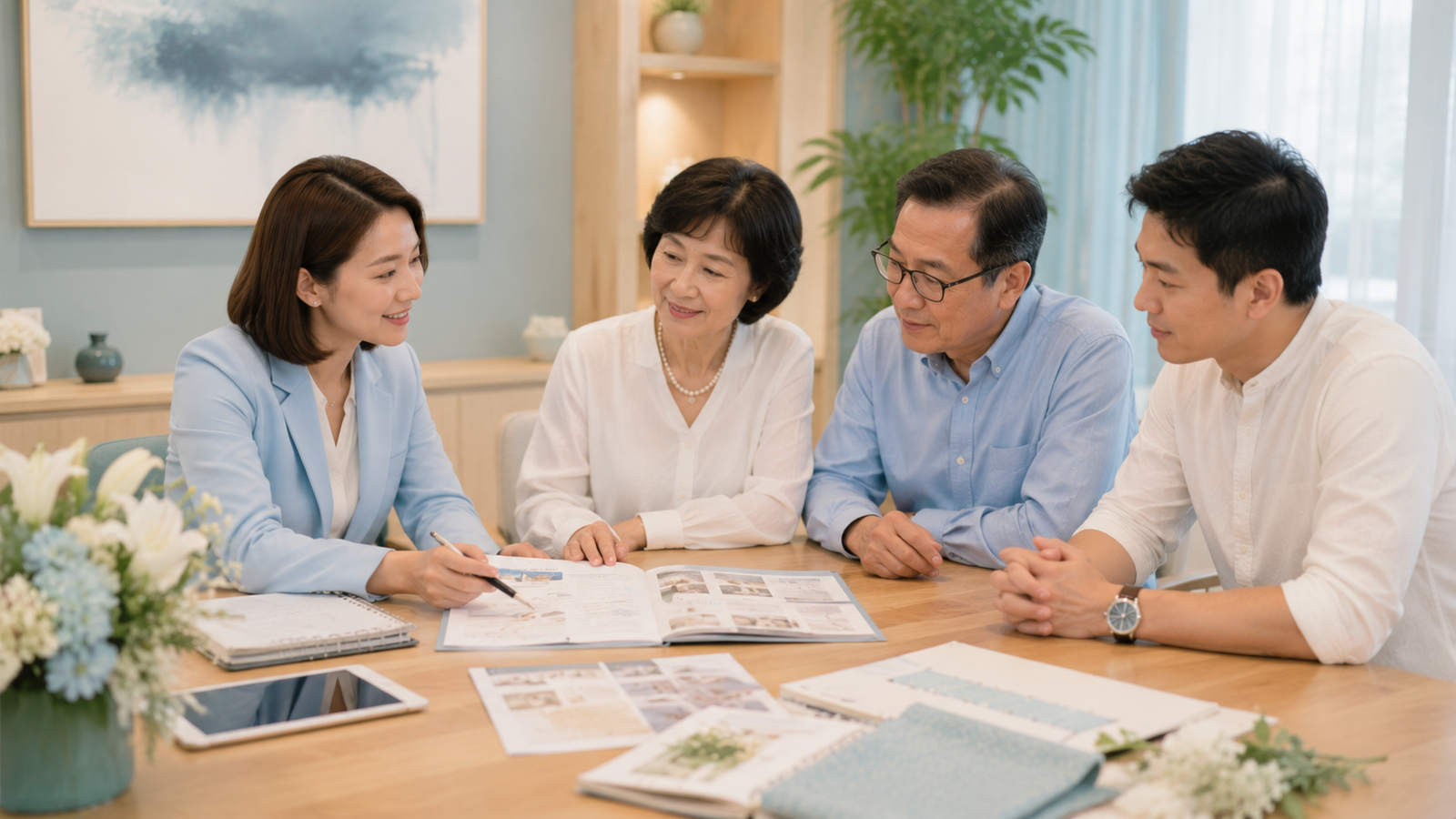 A funeral consultant discussing funeral pre-planning options with a Singaporean Chinese family in a bright modern home.