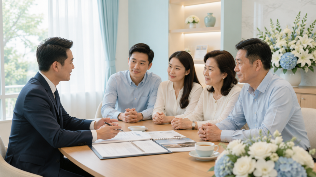 Singaporean funeral director discussing funeral planning with a Chinese family in a modern consultation room.