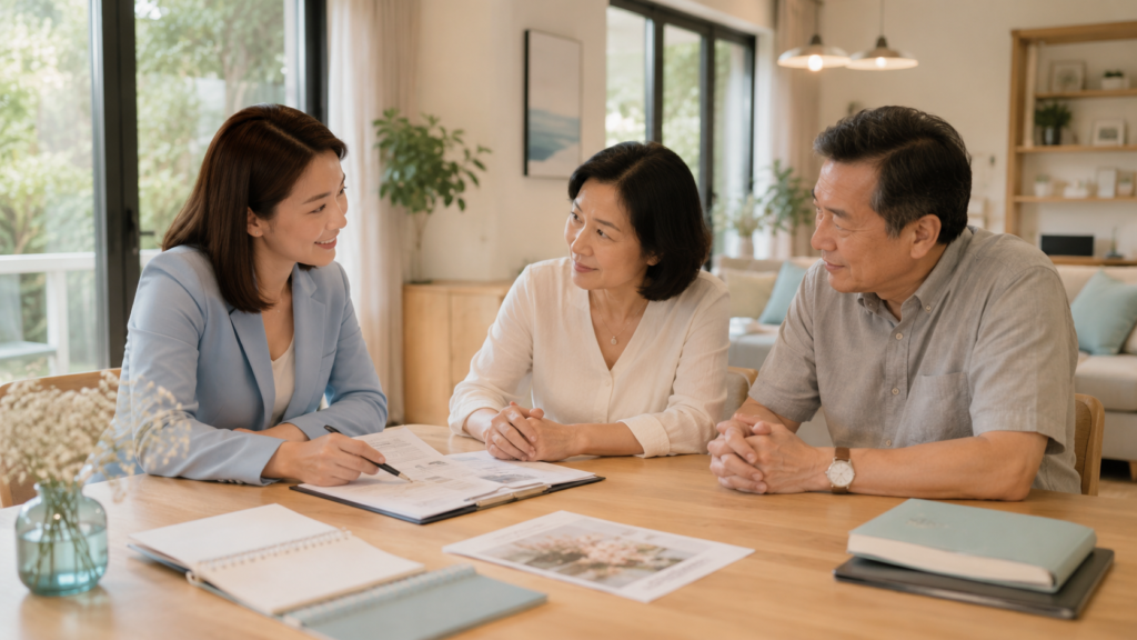 Professional funeral consultant discussing funeral planning options with a family in Singapore.