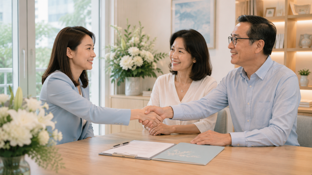 Funeral consultant shaking hands with a family after completing funeral pre-planning arrangements in Singapore.