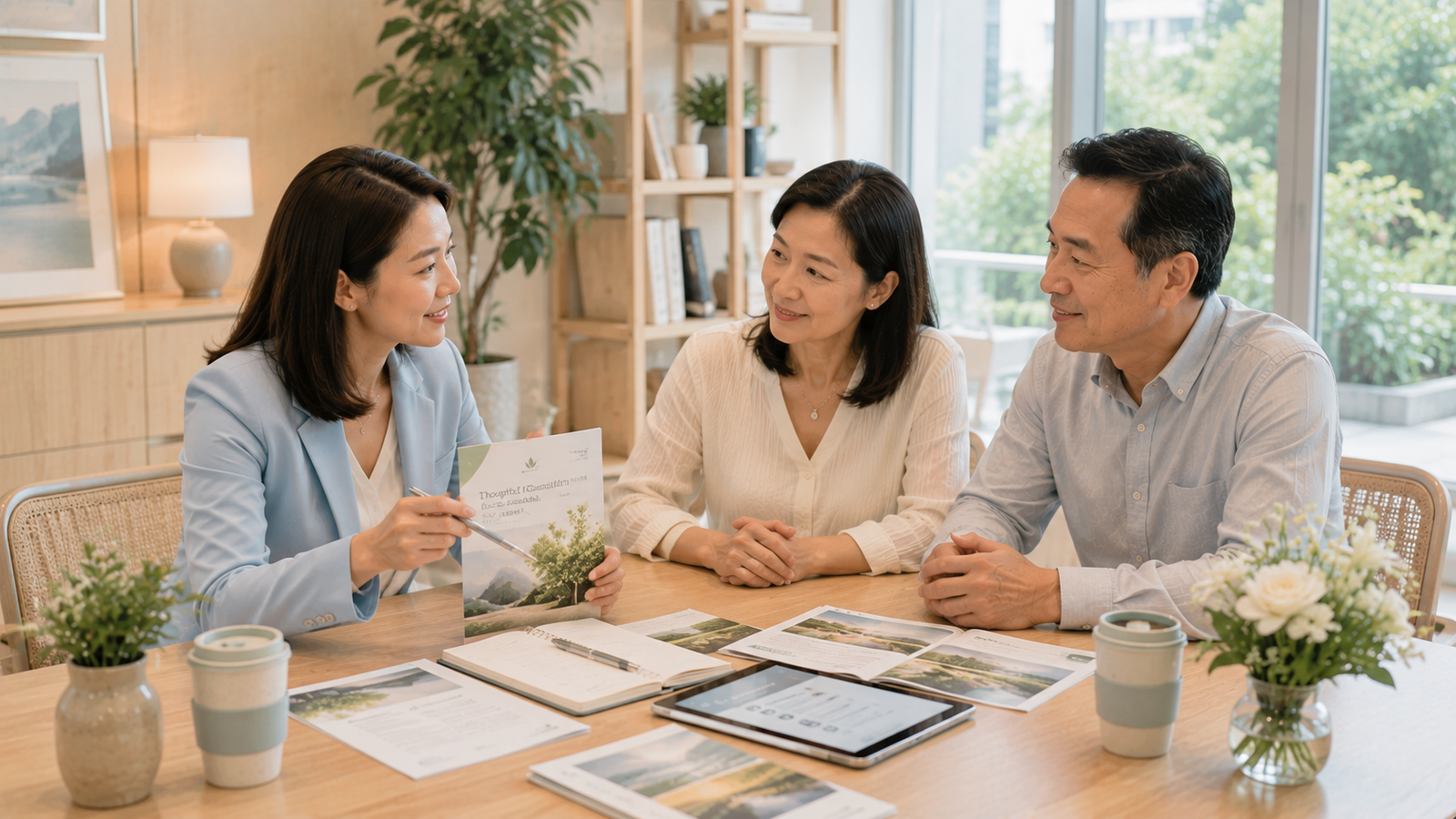 Professional funeral consultant discussing environmentally conscious funeral planning with a family in Singapore.