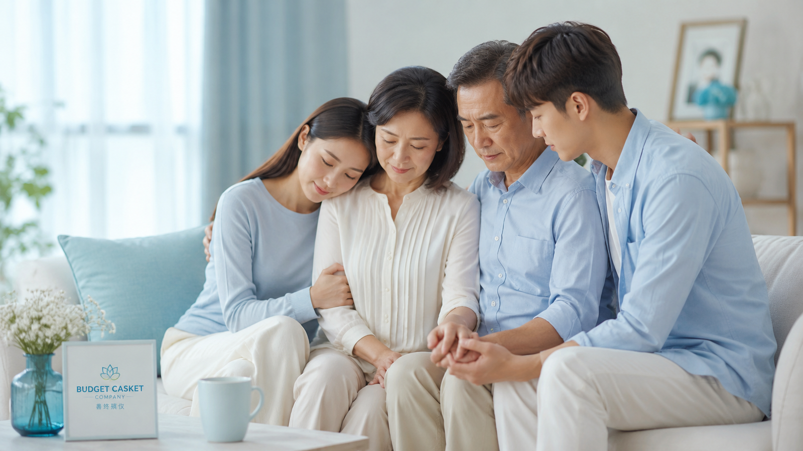 A Singaporean Chinese family sitting together and supporting one another while coping with the loss of a loved one.