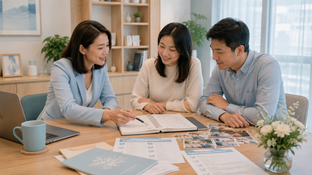 A funeral consultant helping adult family members organise digital accounts and important documents in Singapore.