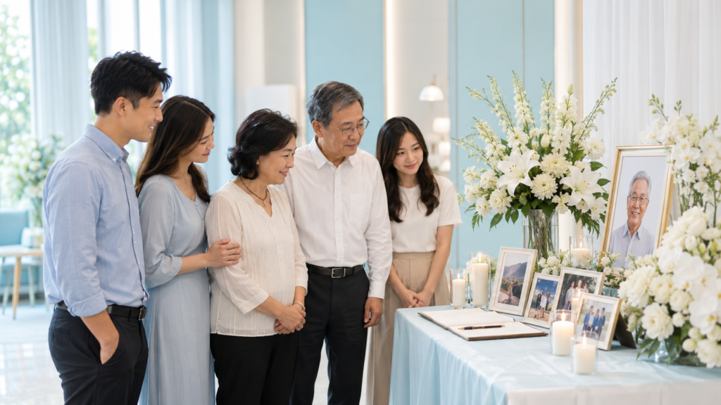 Singaporean Chinese family viewing a personalised memorial display with flowers and photographs during a funeral service.