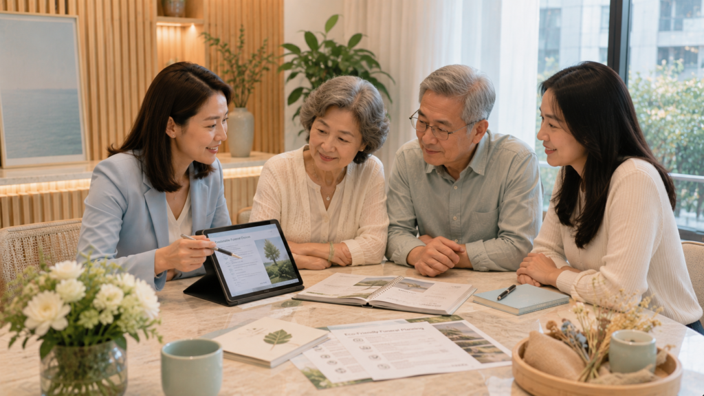 Funeral consultant discussing sustainable funeral planning ideas with a Singaporean family.