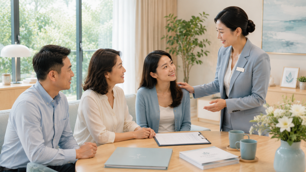 Funeral consultant reassuring a Singaporean Chinese family after discussing funeral arrangements