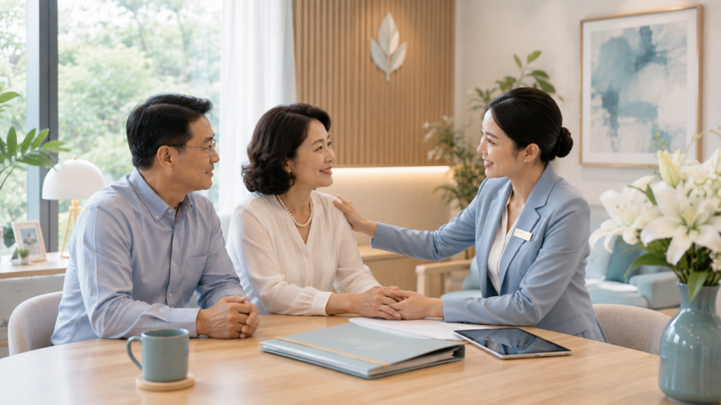 Funeral consultant reassuring a Singaporean Chinese family after discussing funeral arrangements