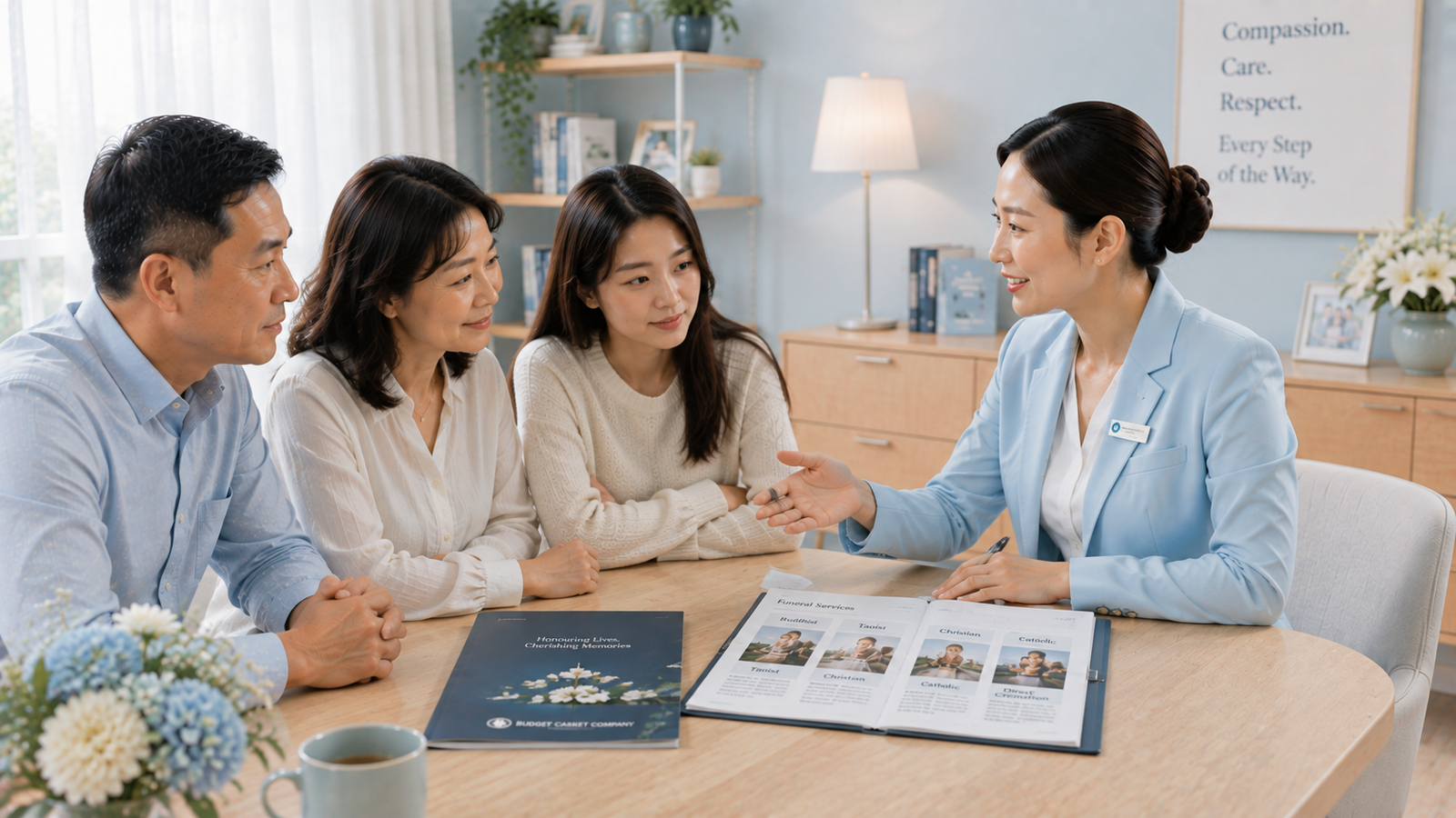 Professional Singaporean Chinese funeral consultant discussing cultural funeral traditions with a family during a funeral planning consultation in Singapore.