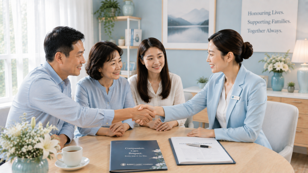 Professional Singaporean Chinese funeral director shaking hands with a family after completing funeral arrangements in Singapore.