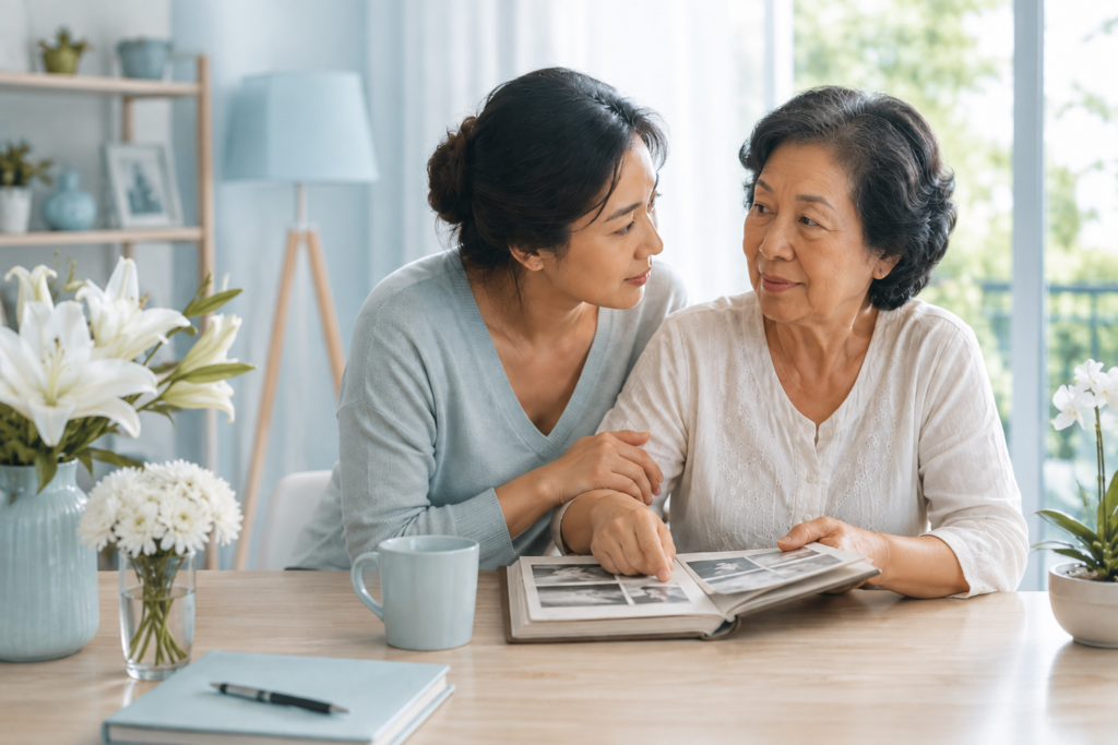 Family members looking through photographs together while discussing personal memories and future wishes