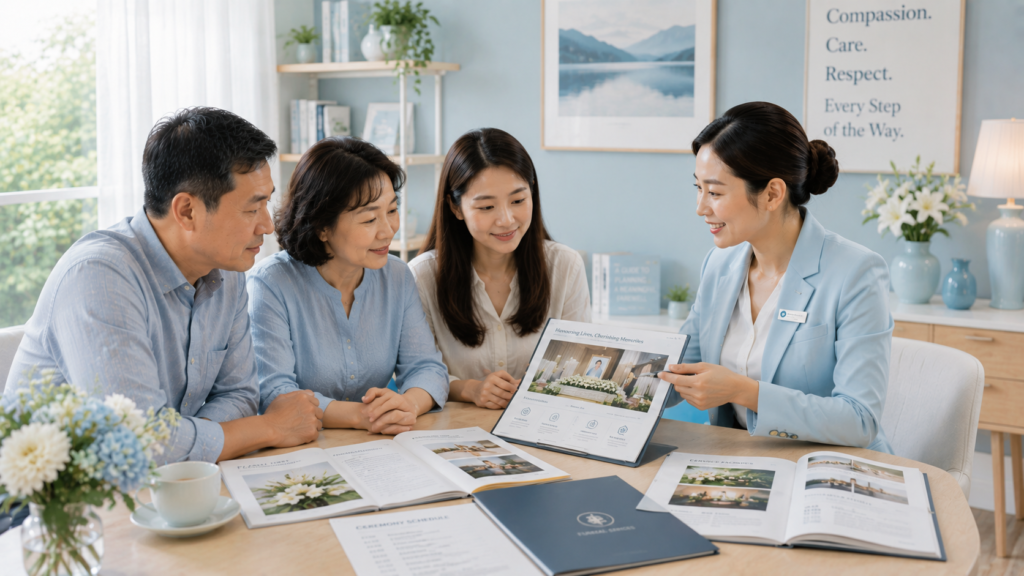 Singaporean Chinese funeral director discussing funeral arrangements, floral selections, and ceremony planning with a family in Singapore.