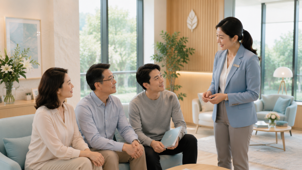 Funeral consultant reassuring a Singaporean Chinese family after discussing funeral arrangements