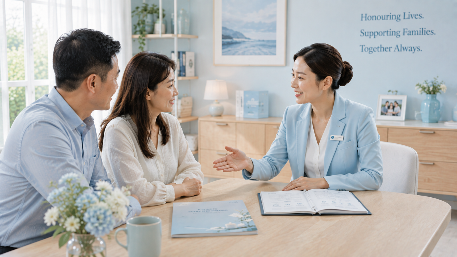 Professional Singaporean Chinese funeral director welcoming a family during a funeral planning consultation in Singapore.