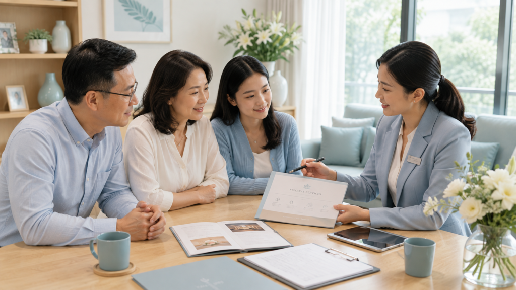 Funeral consultant discussing funeral package options with a Singaporean Chinese family