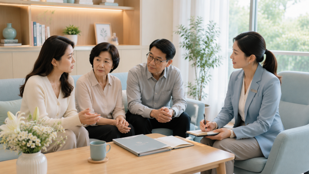 Funeral consultant listening to a Singaporean Chinese family during a funeral planning discussion
