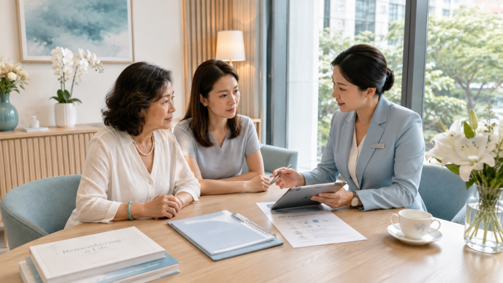 Funeral consultant discussing pre-planning options with a family in Singapore