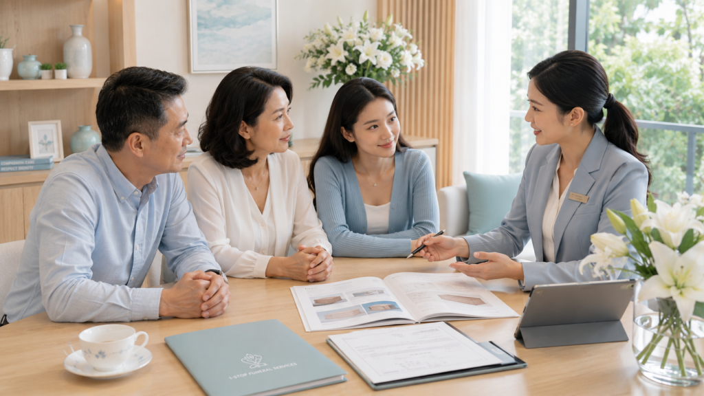 Funeral consultant discussing service arrangements with a Singaporean Chinese family