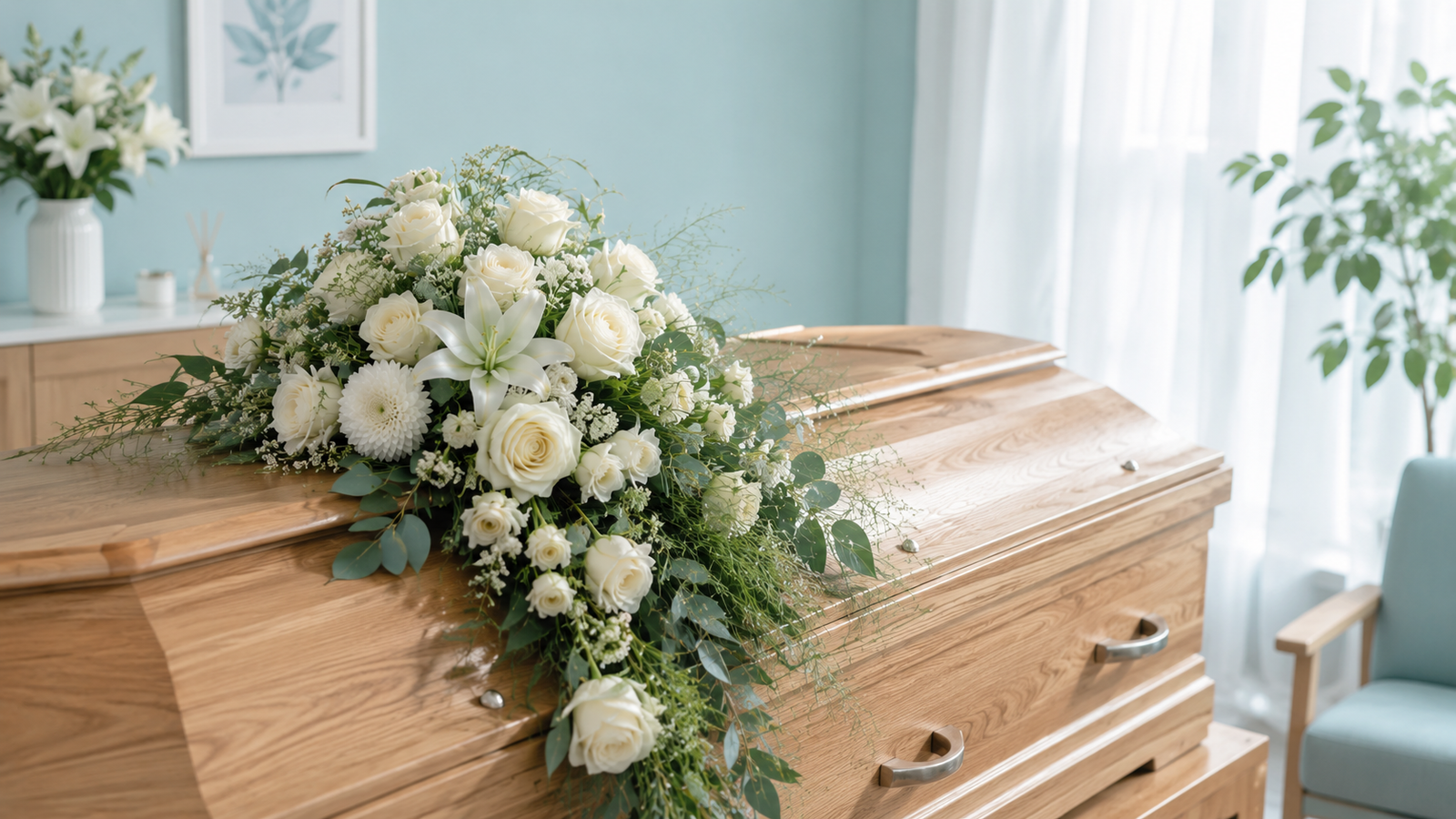 Wooden casket decorated with white flowers in a bright funeral setting in Singapore