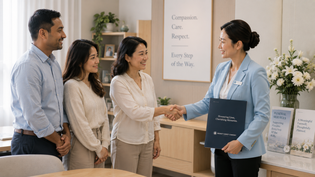 Professional Singaporean Chinese funeral consultant shaking hands with a multicultural family after completing funeral planning in Singapore.