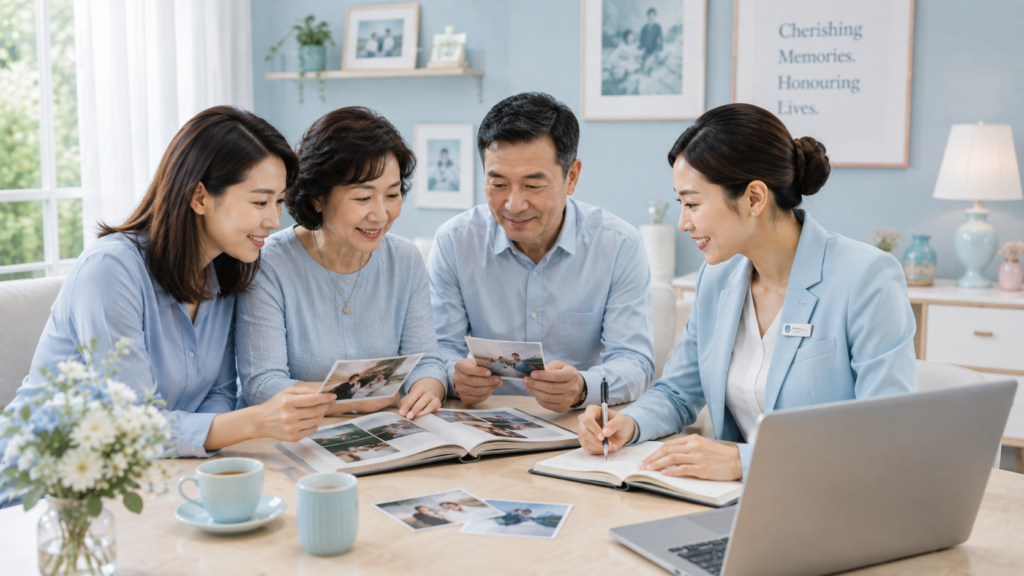 Singaporean Chinese family reviewing photographs and creating an online memorial with guidance from a professional funeral consultant.