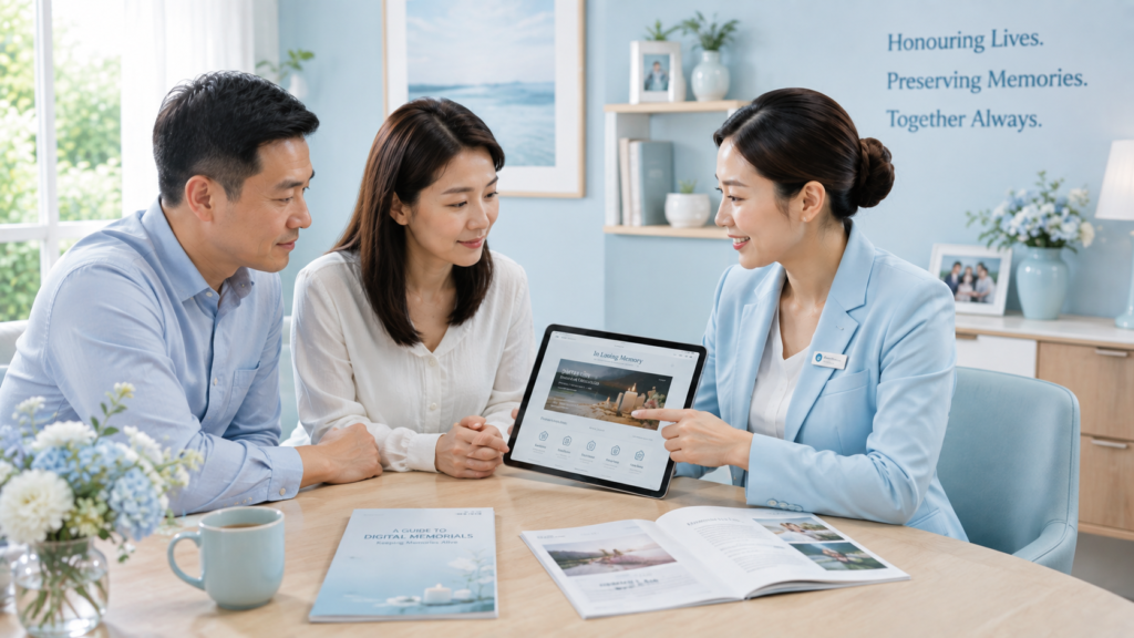 Professional Singaporean Chinese funeral consultant discussing online memorial planning options with a family in Singapore.