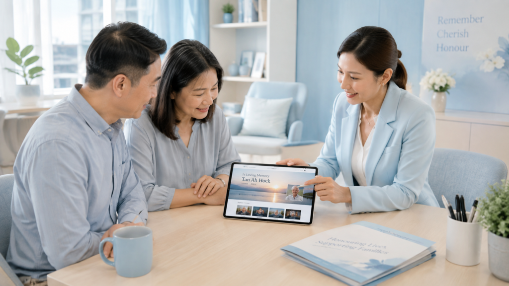 Professional Singaporean Chinese funeral consultant helping a family create an online memorial during a funeral planning consultation in Singapore.