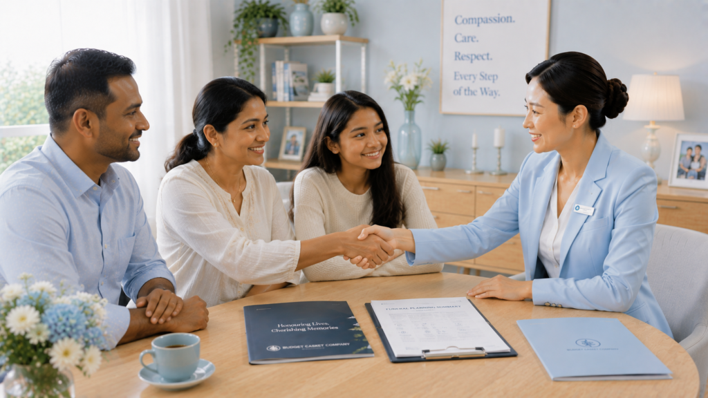 Singaporean Chinese funeral consultant helping a family review ceremony arrangements, cultural customs, and floral selections during funeral planning.