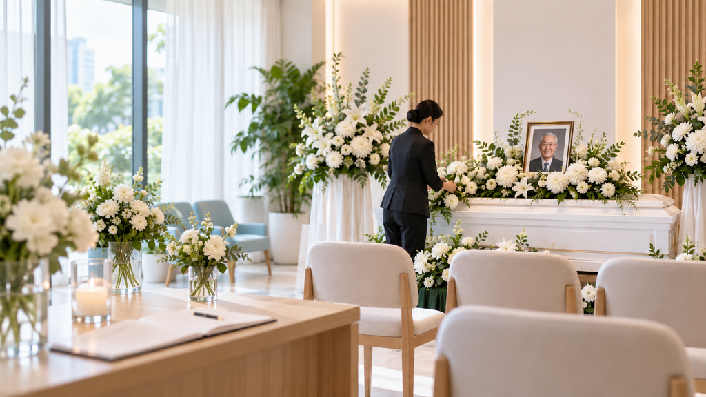 White funeral flowers placed on a grave during a farewell service in Singapore