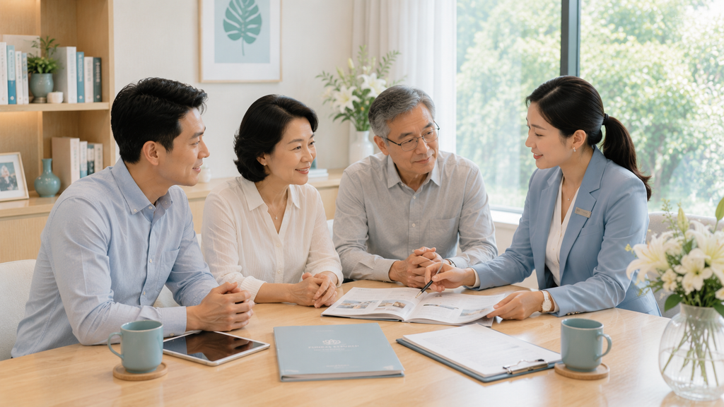 Funeral consultant discussing Buddhist funeral arrangements with a family in Singapore