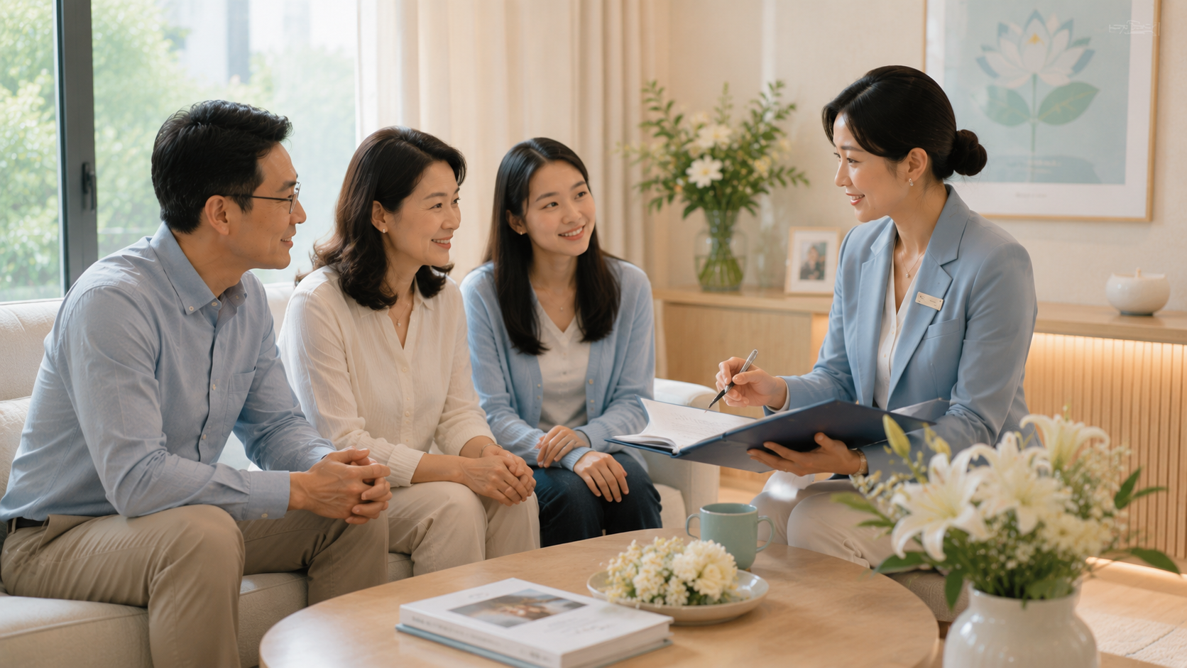 Funeral consultant providing guidance to a family during Buddhist funeral planning