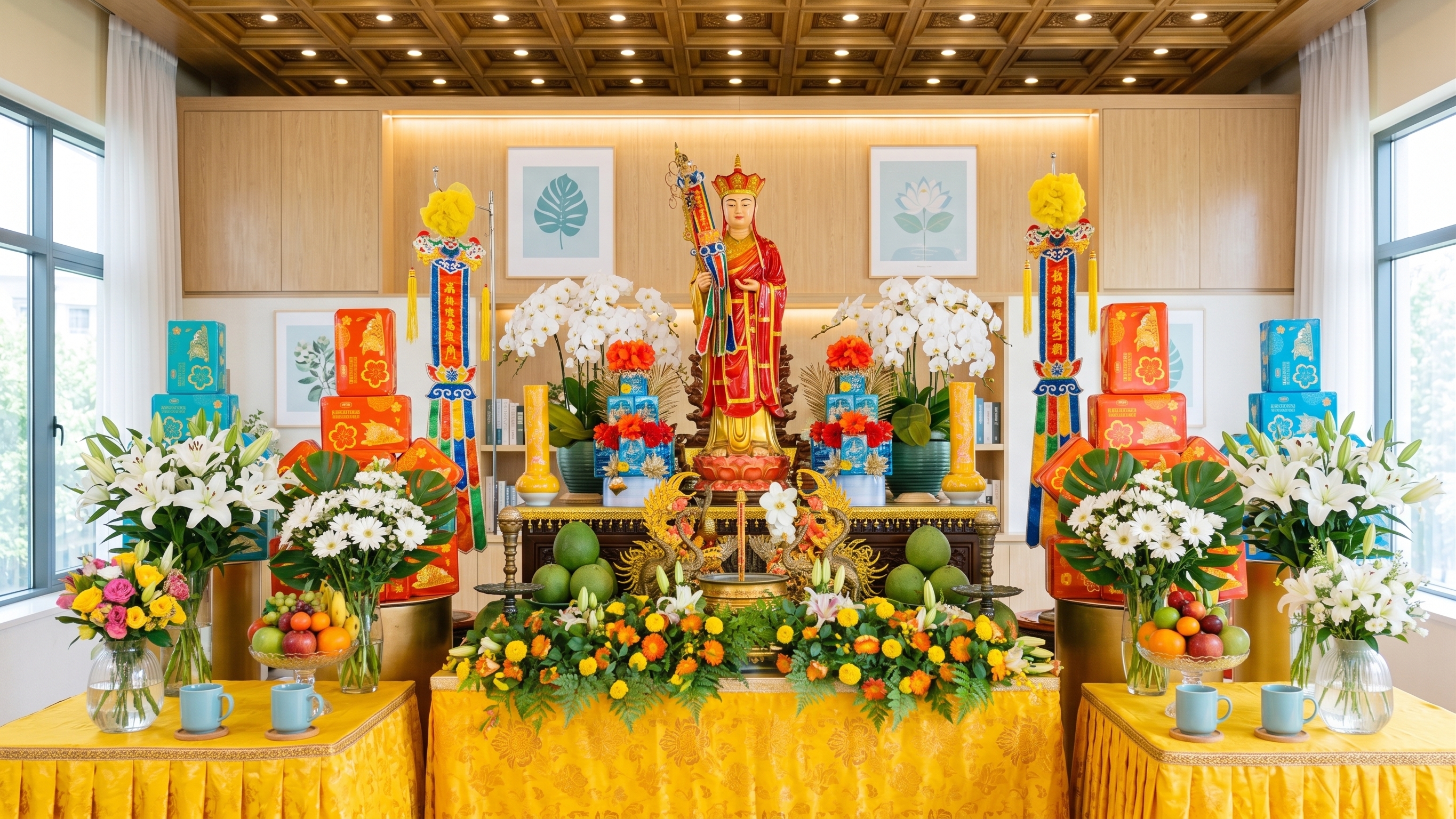Buddhist altar with traditional offerings and floral arrangements in Singapore