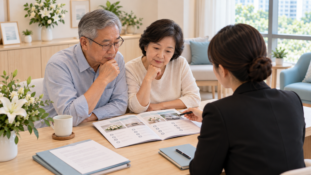Family comparing funeral package options with a funeral consultant in Singapore