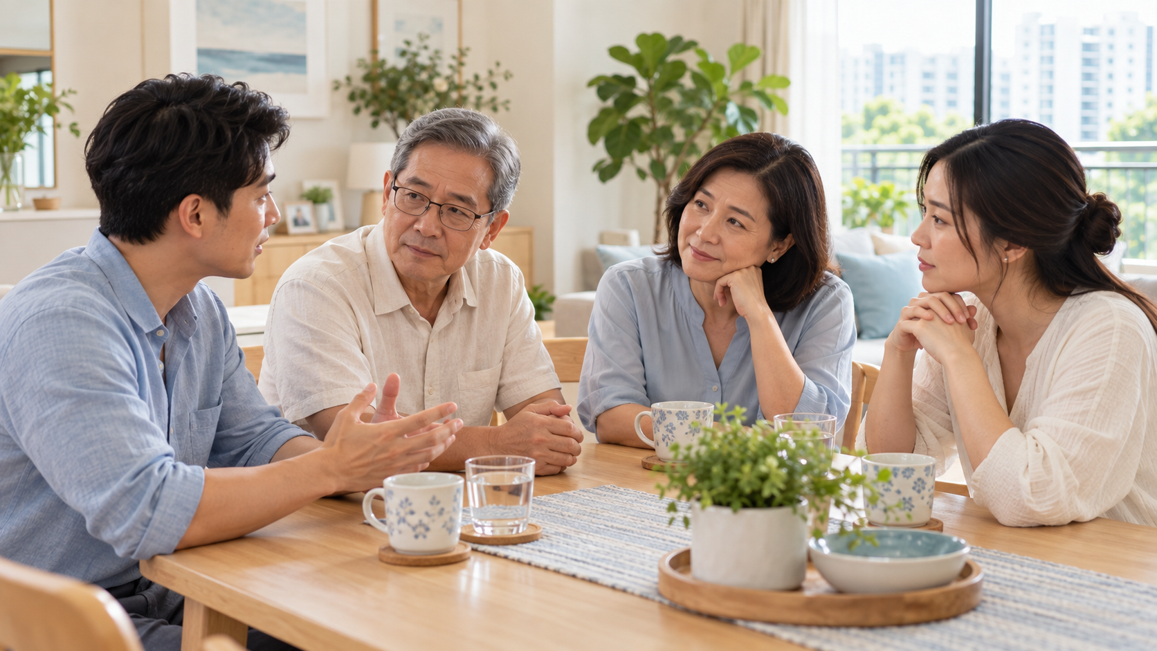 Family members talking and supporting each other while coping with grief