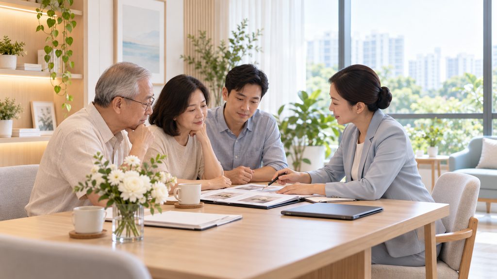 Singaporean family discussing funeral arrangements with a funeral consultant