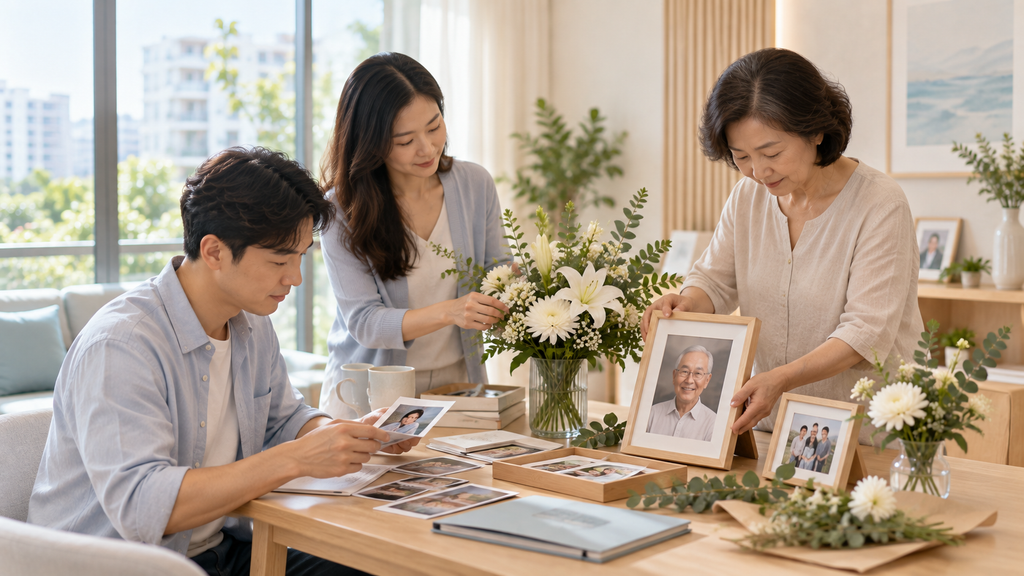 Family preparing photographs and flowers for a meaningful funeral farewell in Singapore