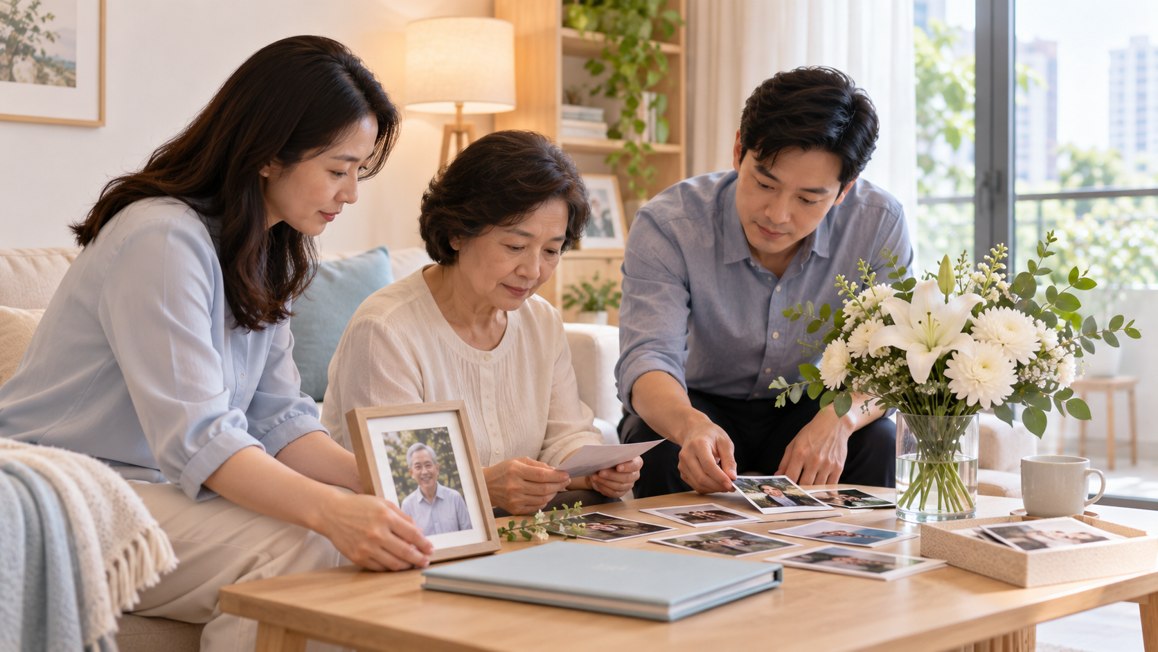 Family arranging photographs and flowers for a meaningful funeral farewell