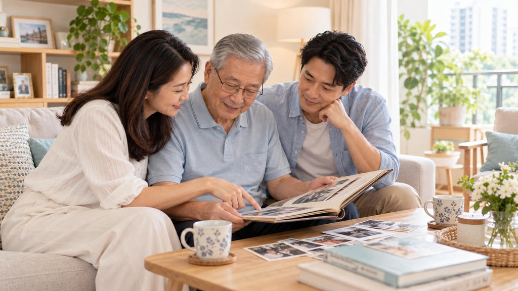 Family looking through photographs while remembering a loved one