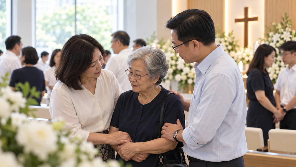 Church members comforting a grieving Singaporean family member after a Christian funeral
