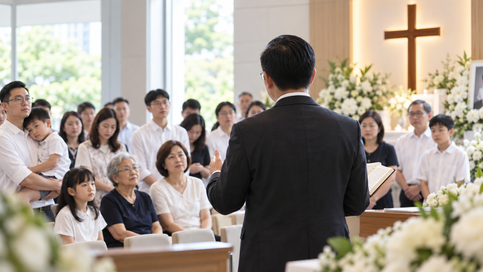 Singaporean Christian family attending a funeral service led by a pastor