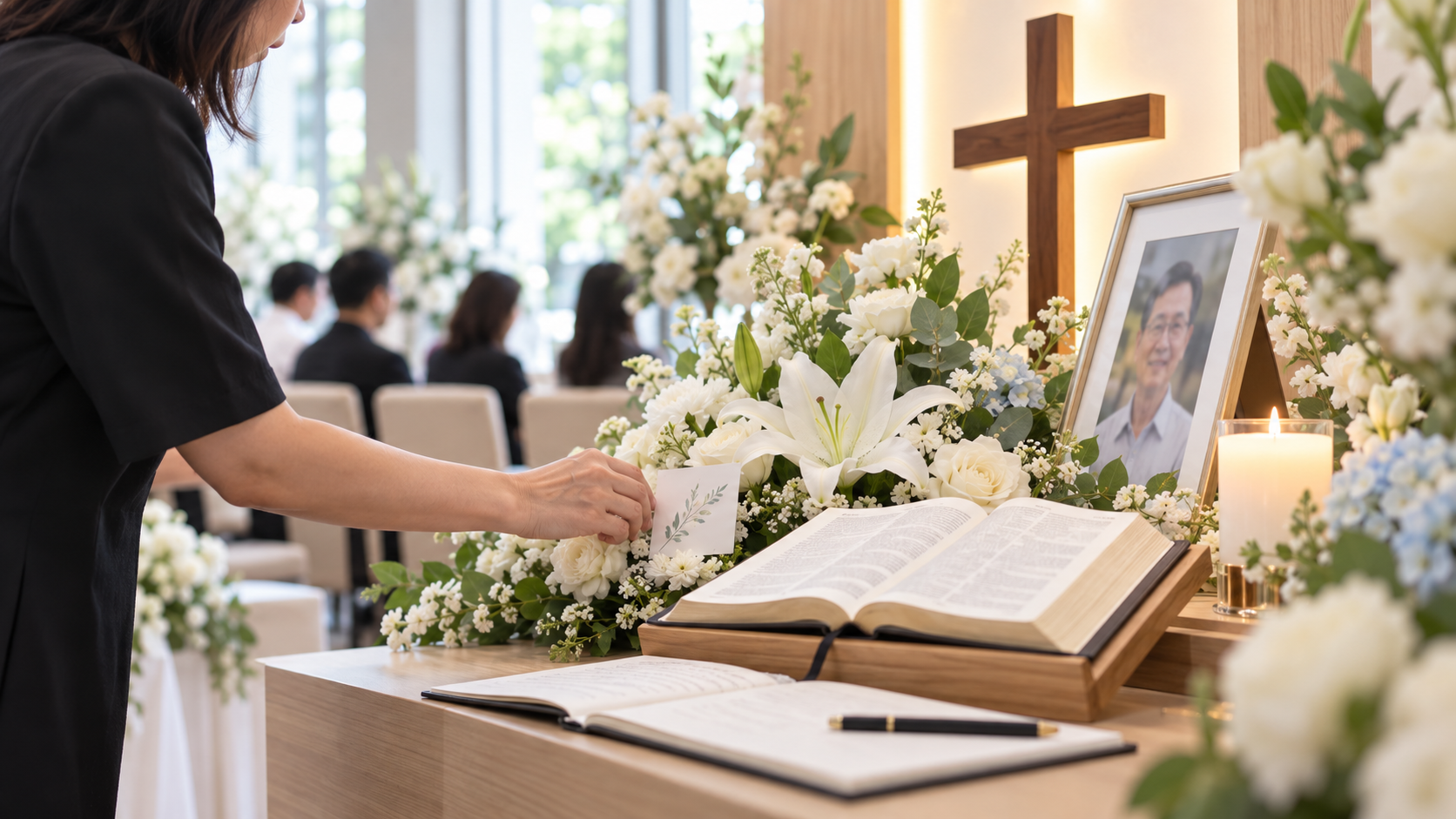 Christian funeral wake with Bible, cross and white floral arrangements in Singapore