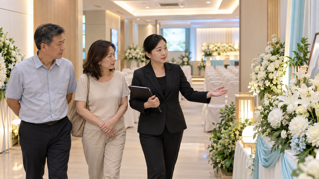 Singaporean family walking through funeral arrangements with a professional funeral director