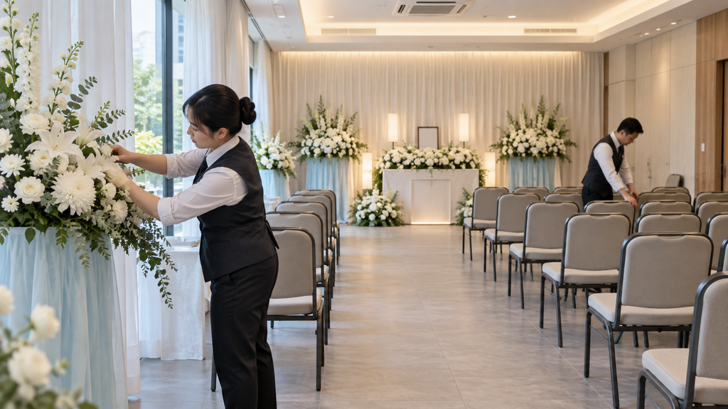 Funeral staff preparing a wake venue and floral arrangements in Singapore