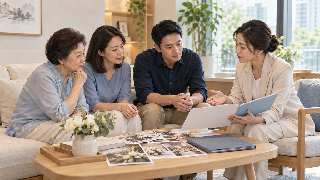 Singaporean Chinese family discussing Taoist funeral arrangements with a funeral consultant